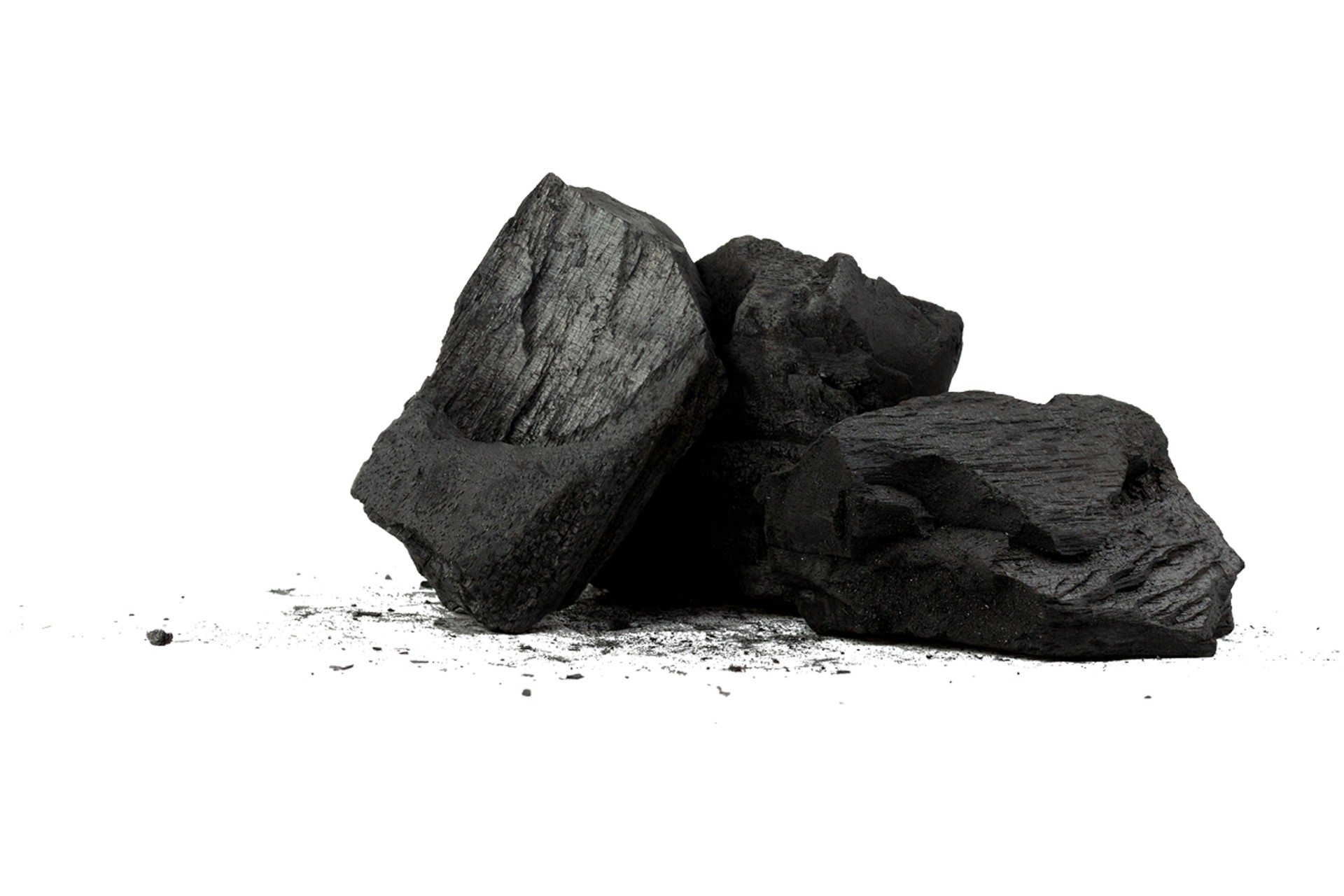 Natural wood charcoal,Bamboo charcoal powder has medicinal properties with traditional charcoal isolated on white background